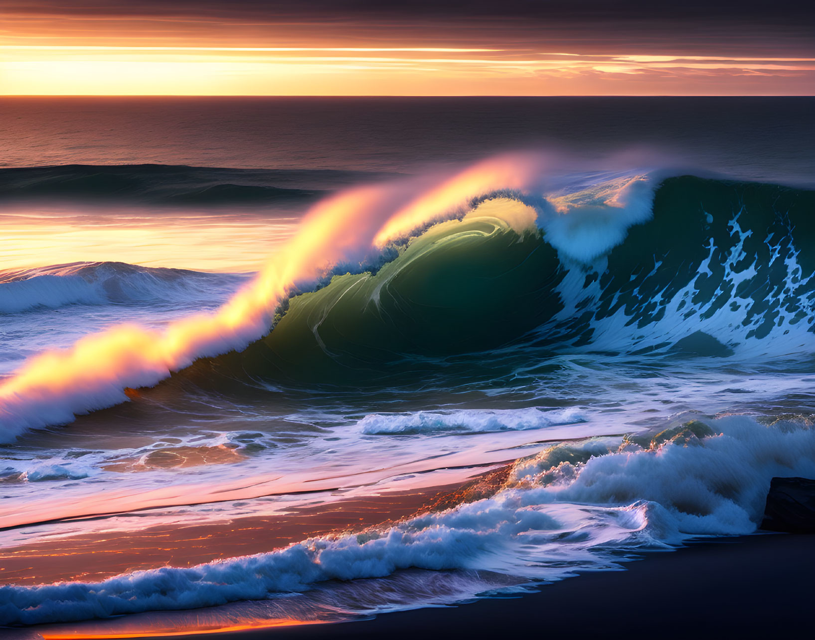 Vibrant sunrise illuminating green wave cresting near shore