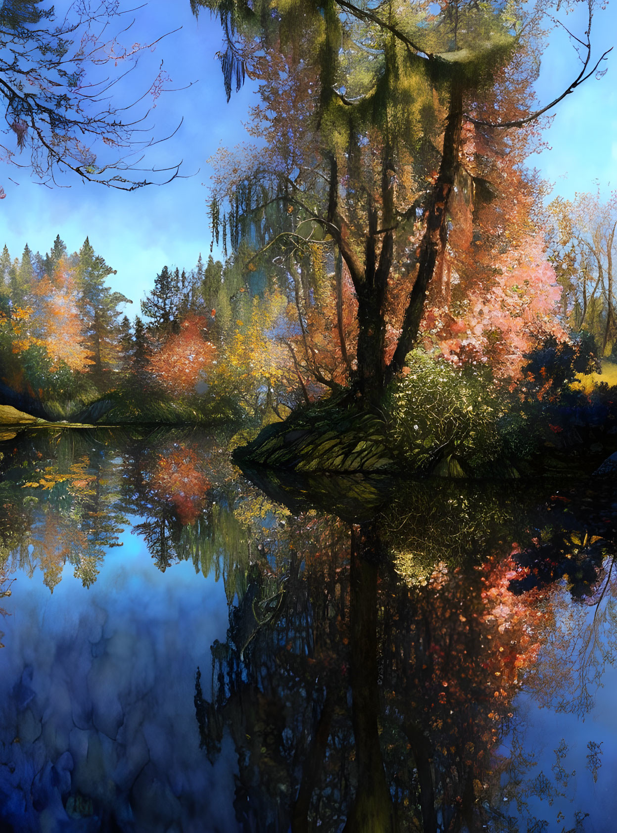 Tranquil autumn lake with vibrant foliage and clear blue sky