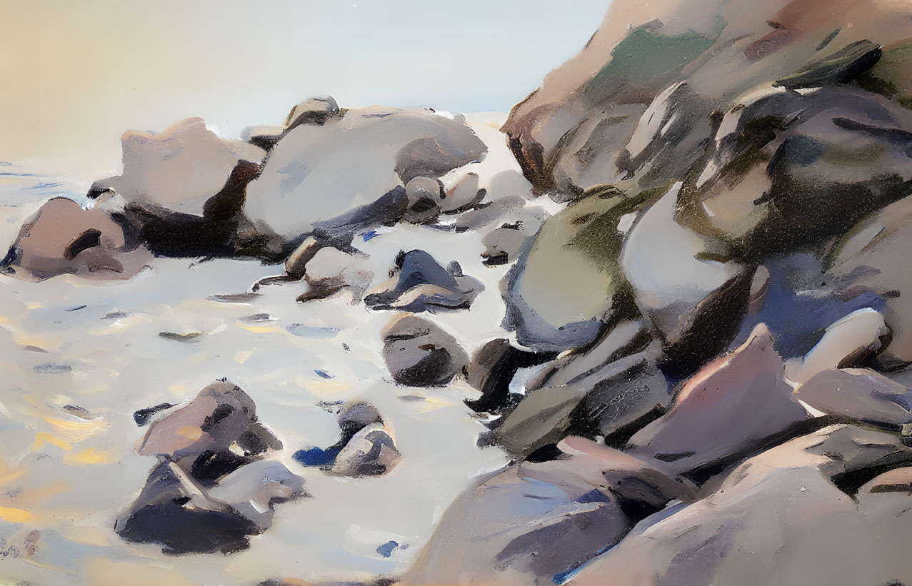 Rocky Shoreline Impressionist Painting in Soft Pastel Tones