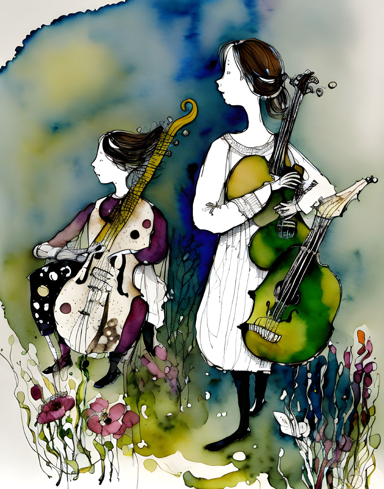 Stylized characters playing stringed instruments in colorful floral design.