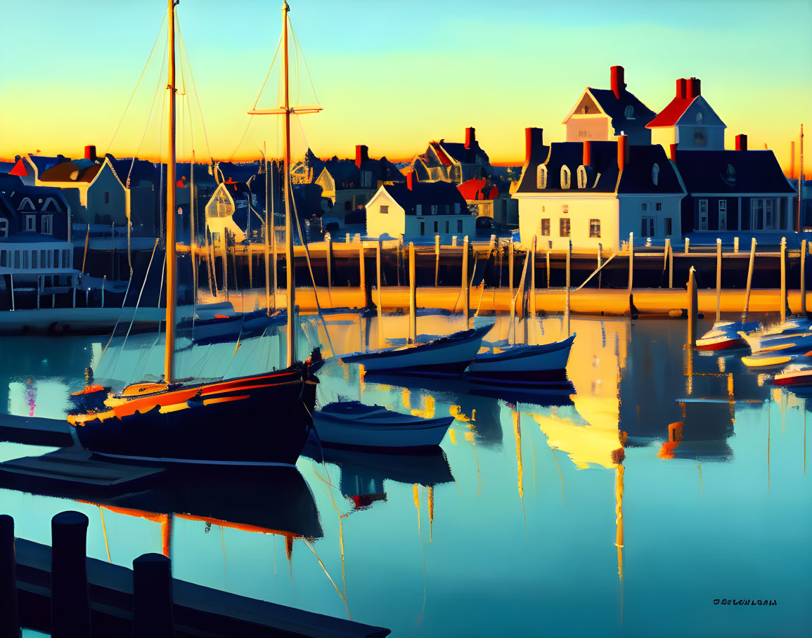 Tranquil harbor scene at sunset with boats and colorful houses.