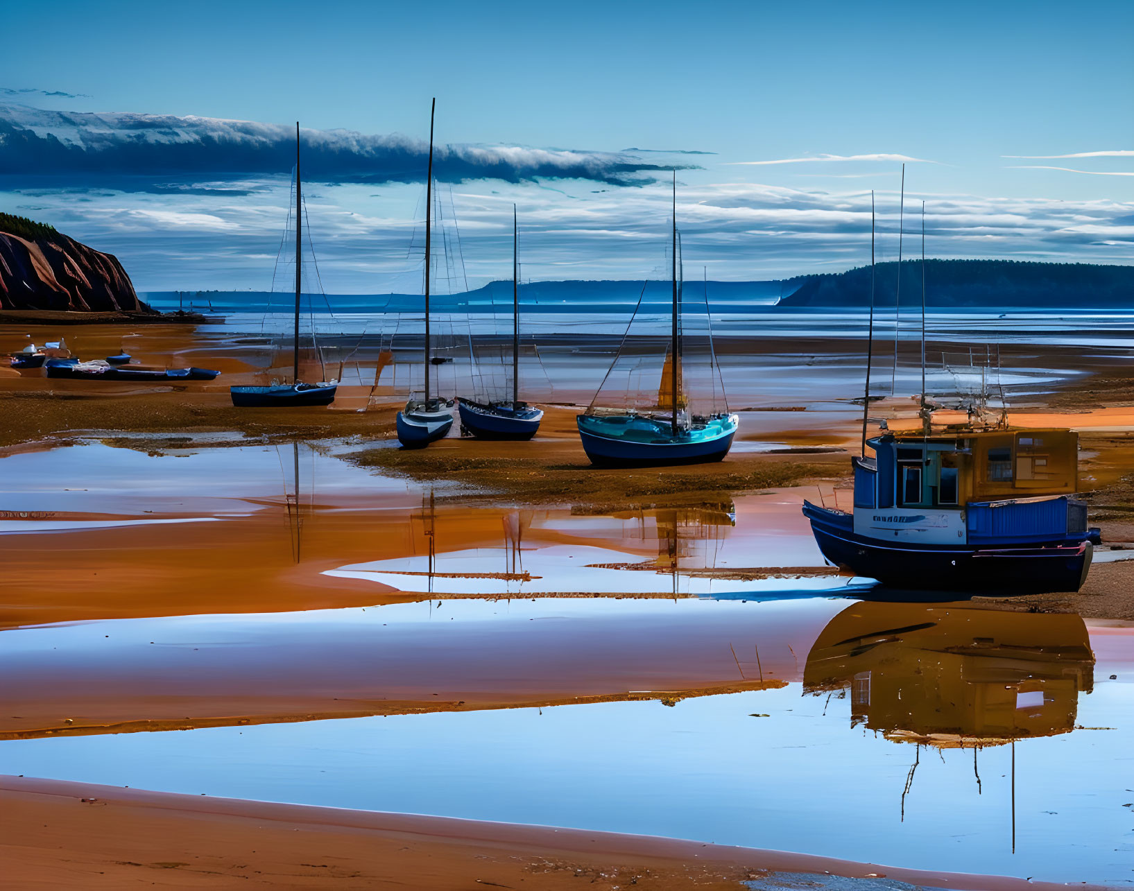 Sailboats and Fishing Boat on Beach with Reflections