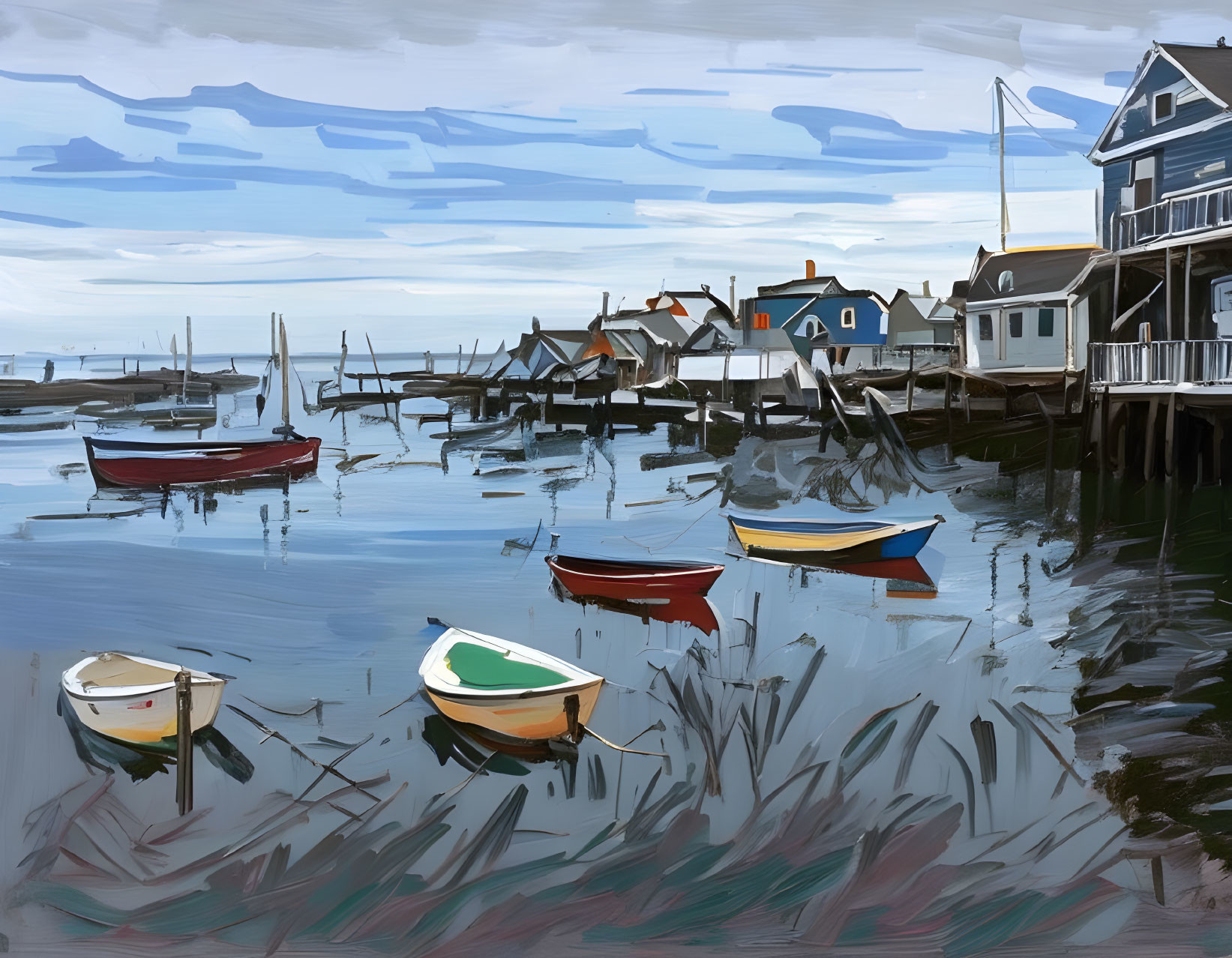 Coastal village painting with colorful boats and wooden piers