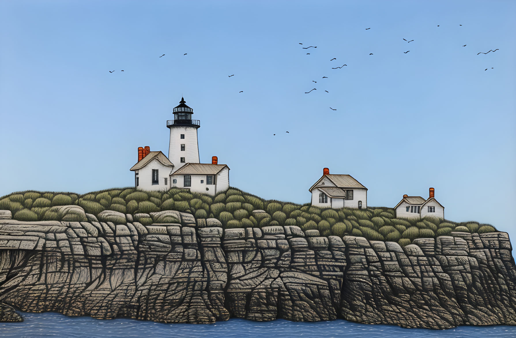 Tranquil coastal scene with lighthouse on cliff and flying birds