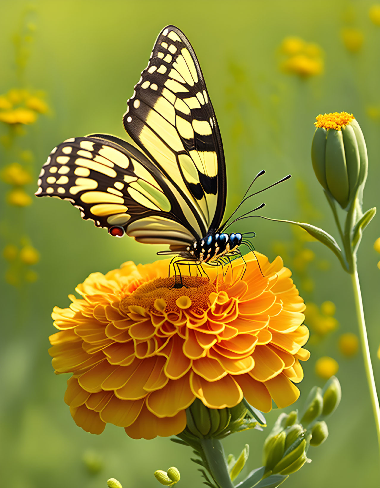 Yellow and Black Butterfly on Orange Marigold Flower