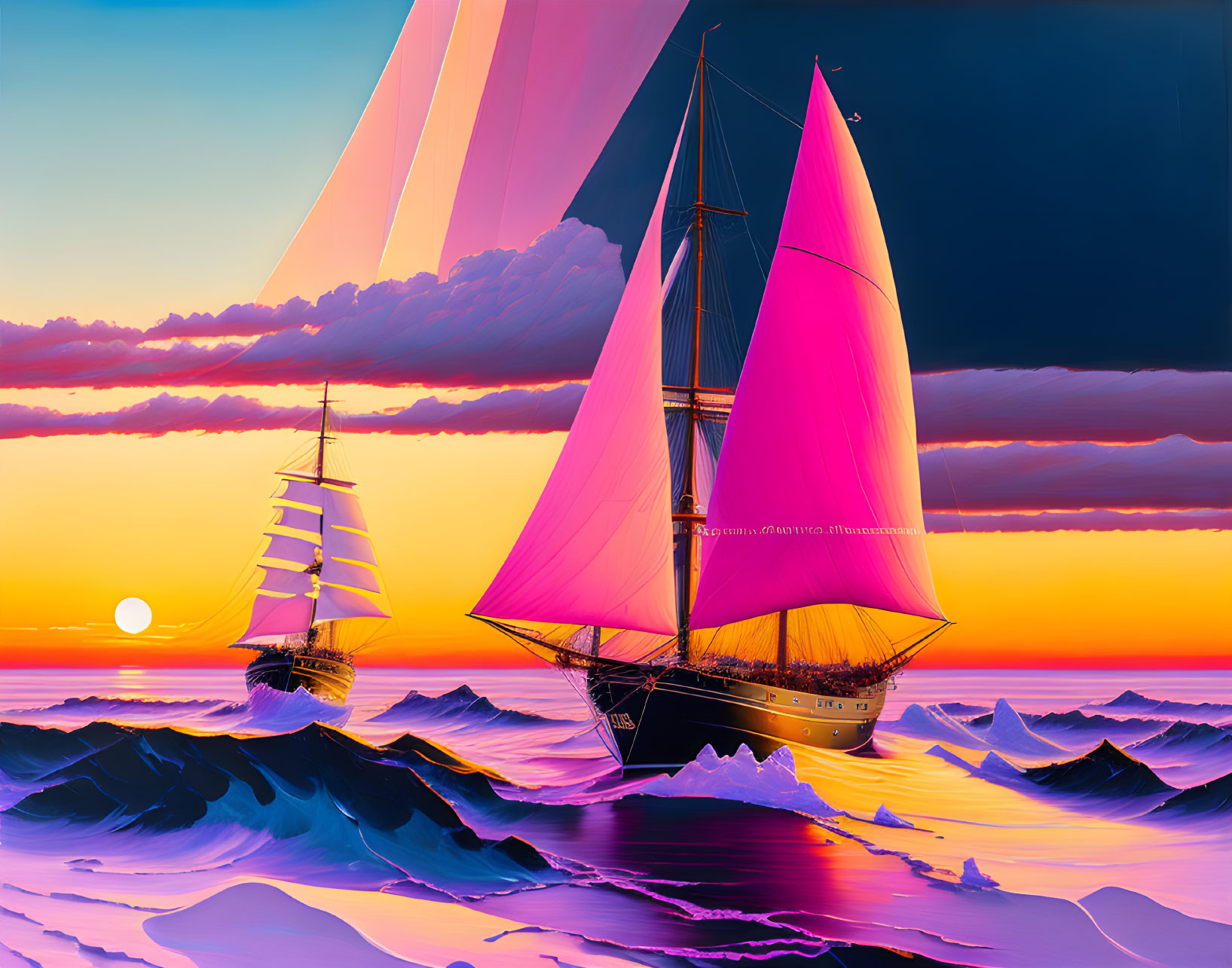 Vibrant sailing ships with pink sails under surreal sunset sky