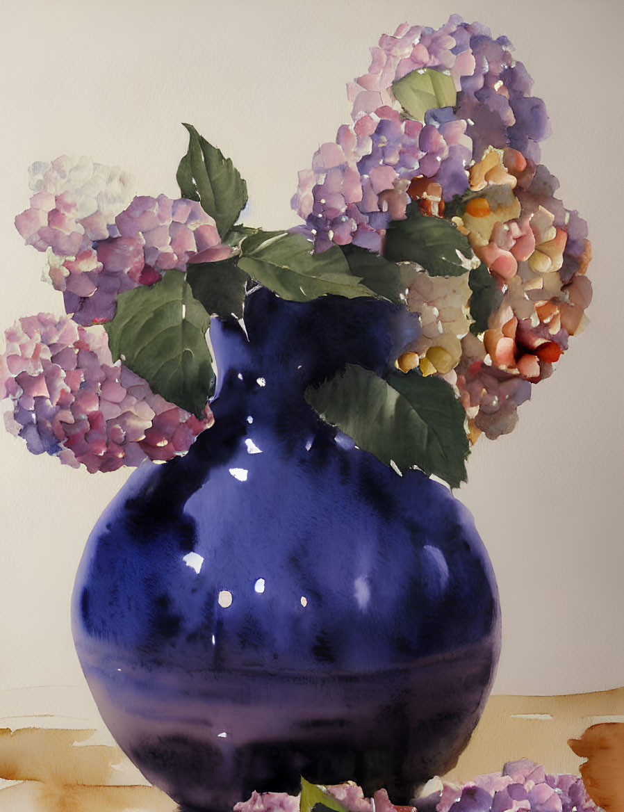 Hydrangea Watercolor Painting of Blue Vase and Blooms