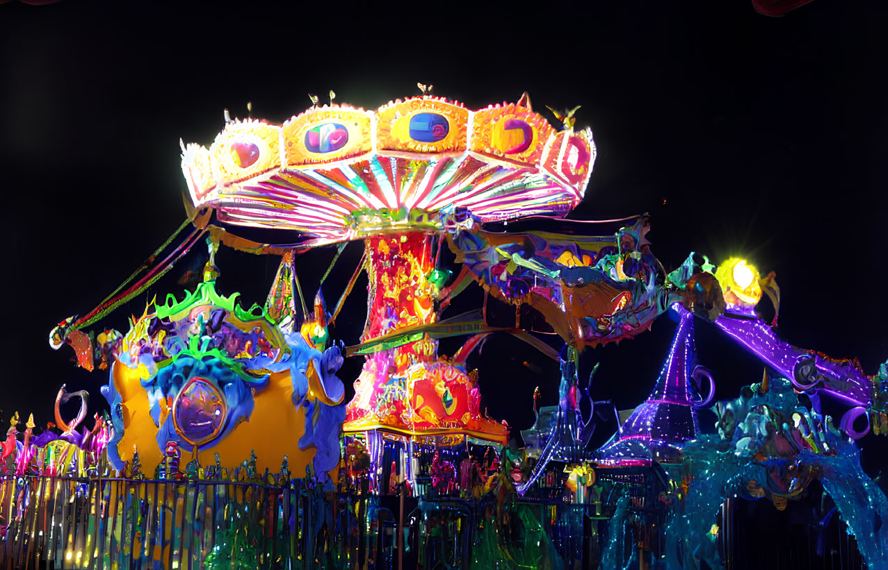 Vibrant neon-lit carousel at nighttime amusement park