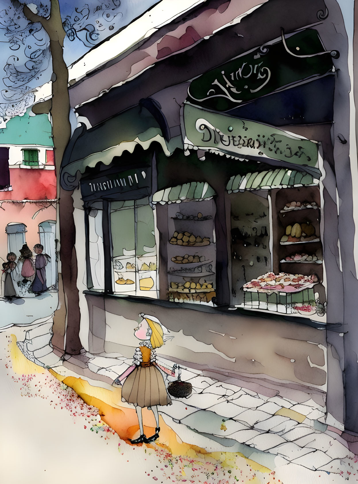 Colorful Watercolor Illustration of Woman at Bakery