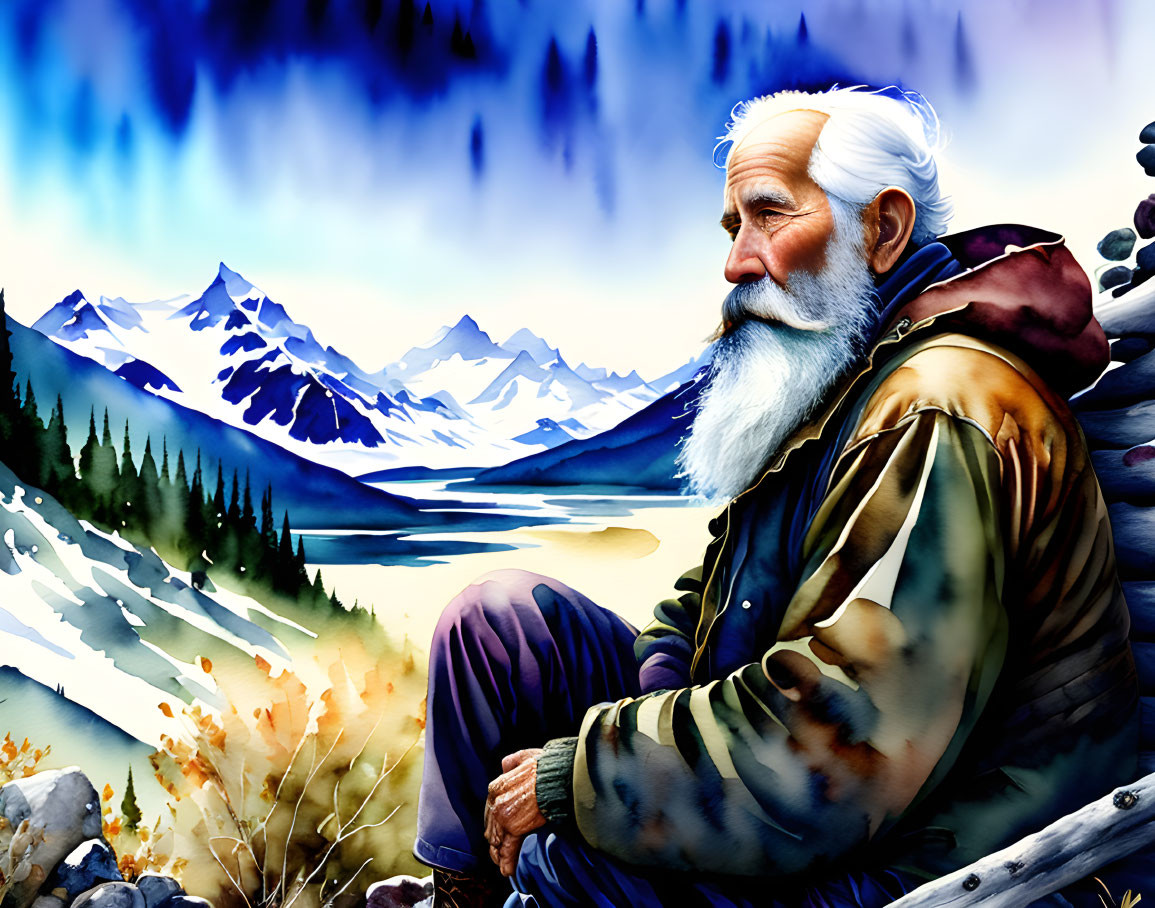 Elder man with white beard in serene mountainous landscape