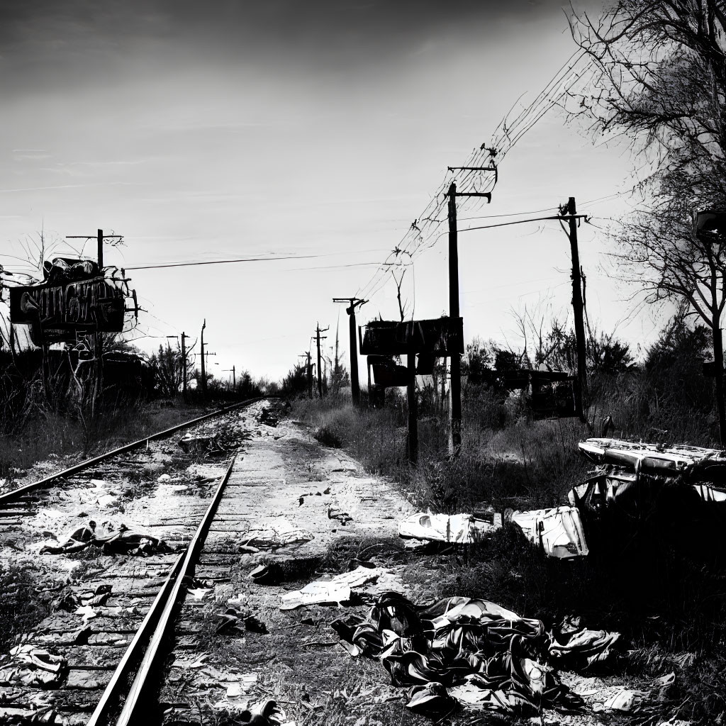 Abandoned railway with overgrown vegetation and graffiti-covered structures