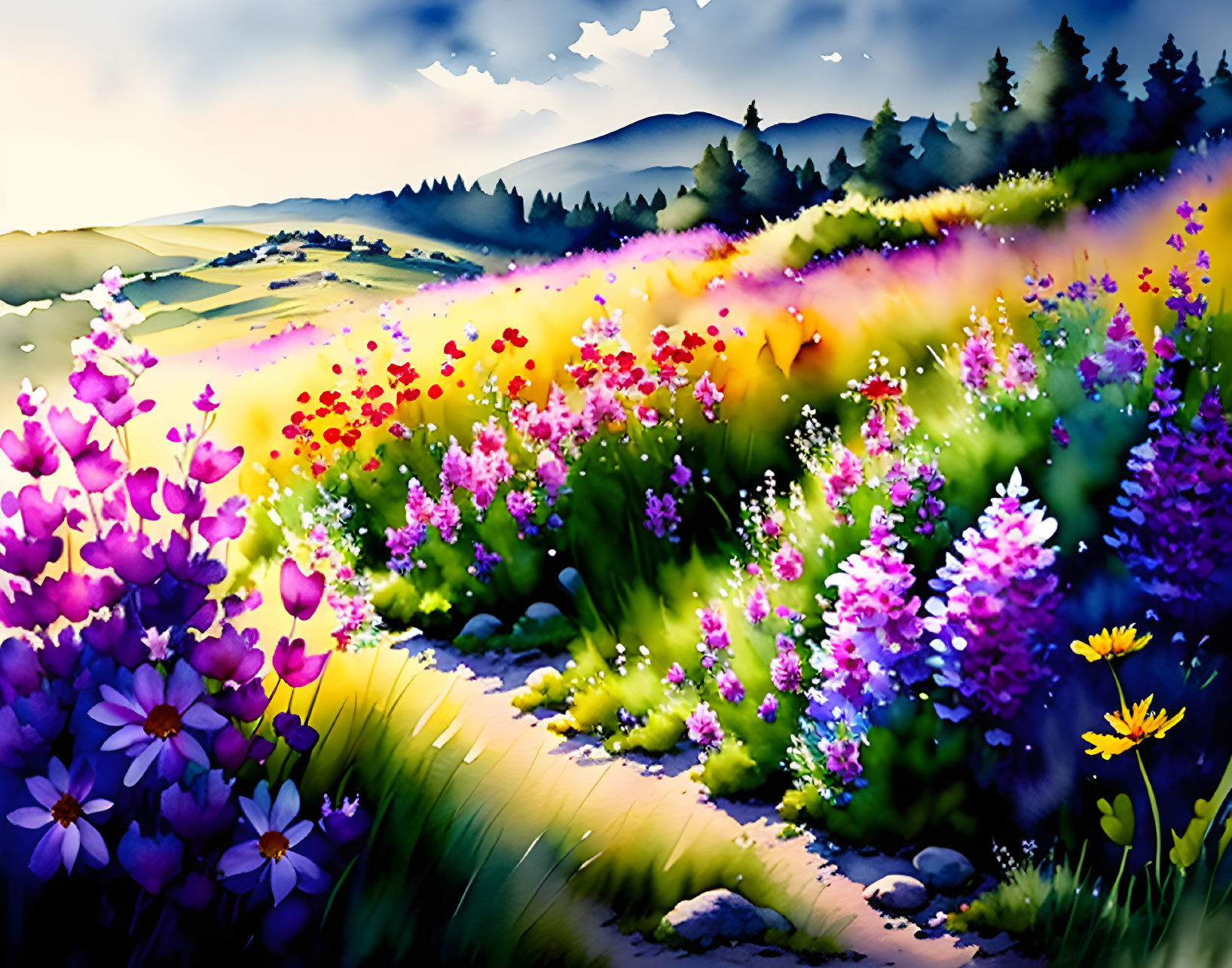 Vibrant flower field with diverse blooms and rolling hills under gradient sky