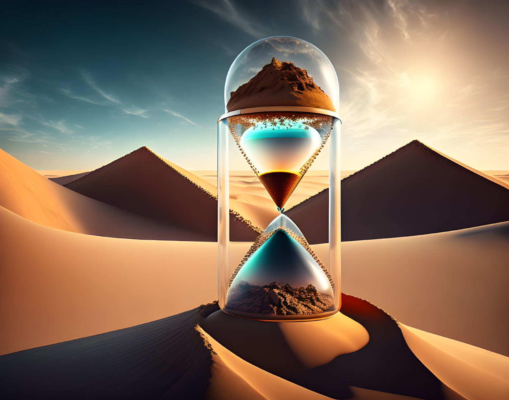 Surreal image: Large hourglass with sand dunes in desert landscape