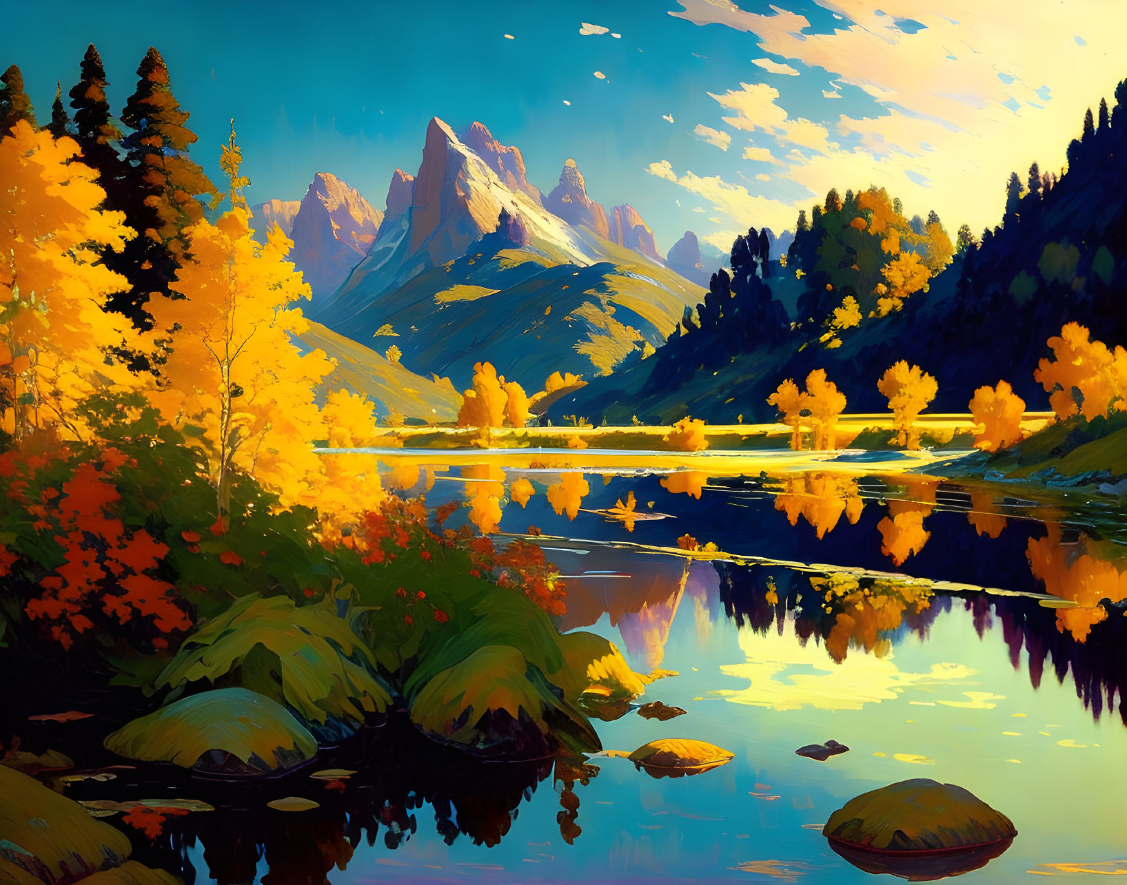 Scenic autumn landscape with golden foliage, calm lake, and blue sky