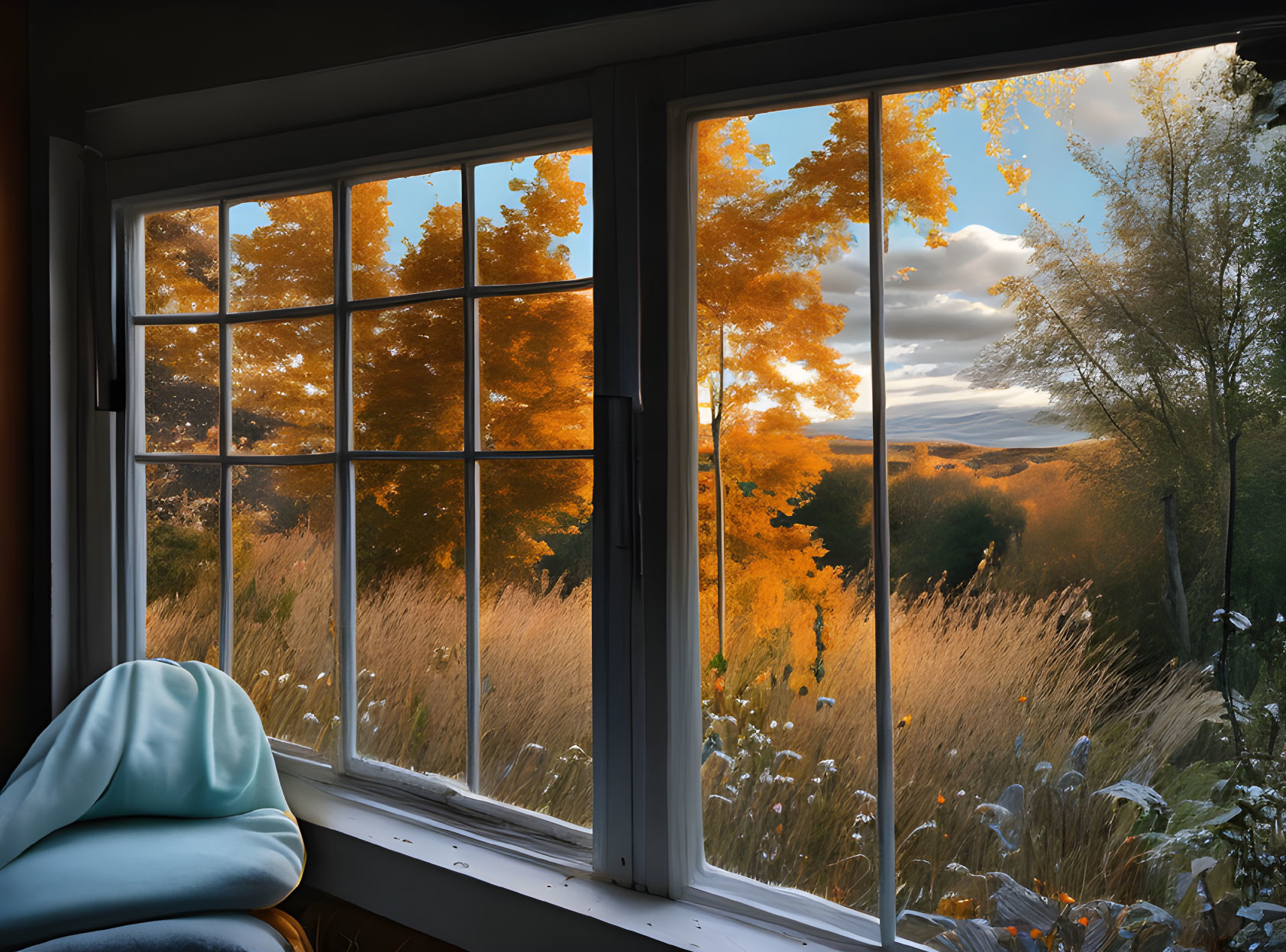 Autumn landscape with open window view and cozy interior