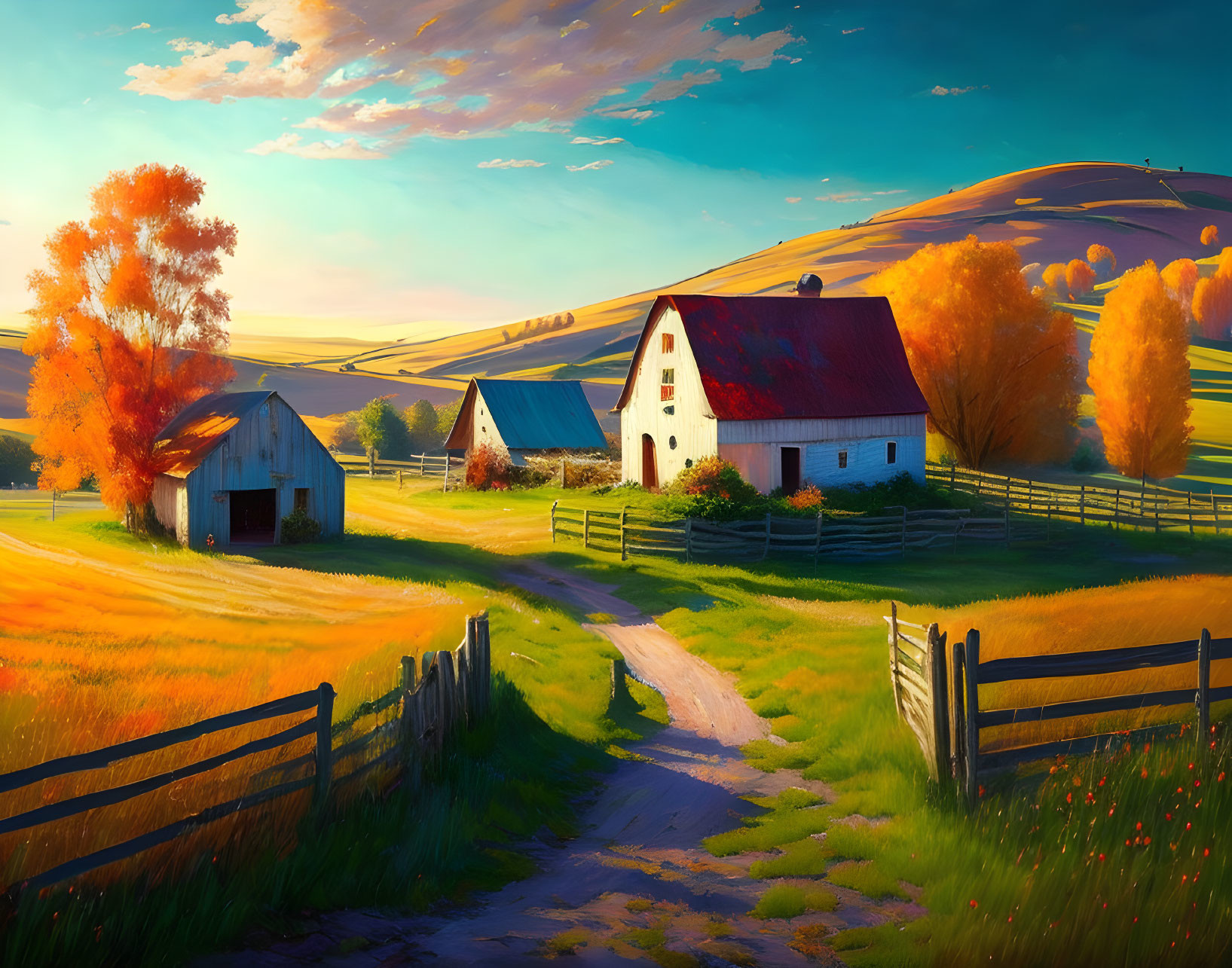 White farmhouse and barn in autumn rural landscape.