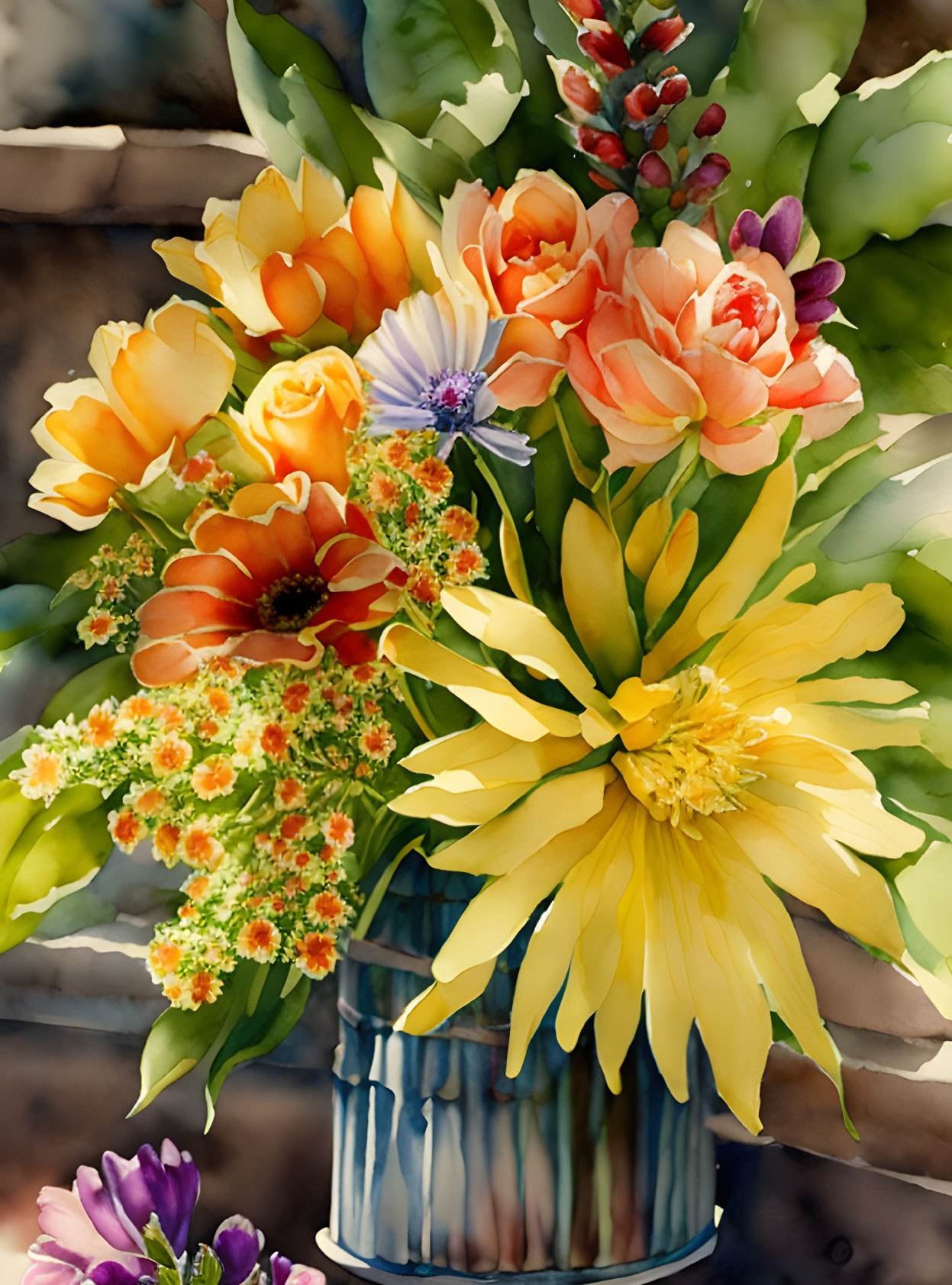 Colorful Flower Bouquet in Blue-Striped Vase Watercolor Painting