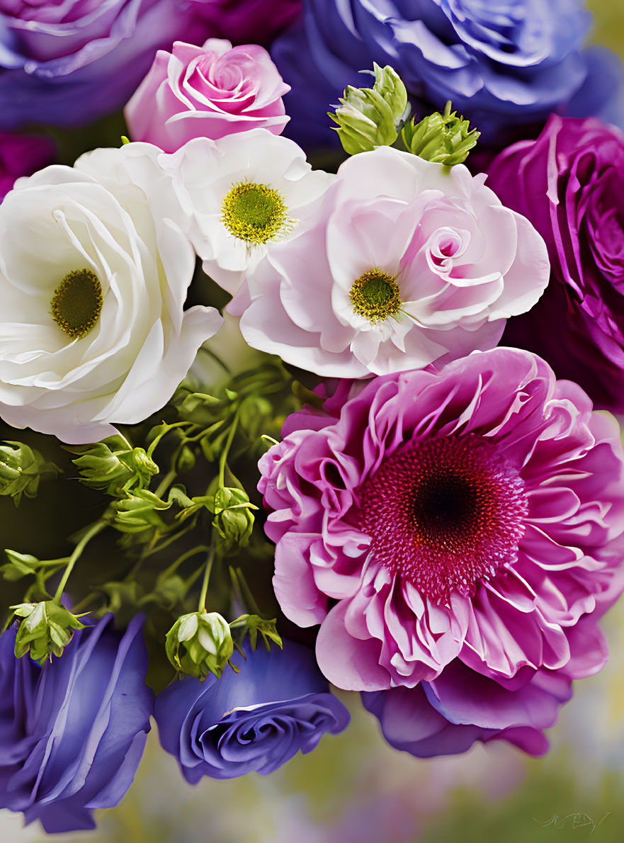 Colorful bouquet of white, pink, and purple flowers with greenery