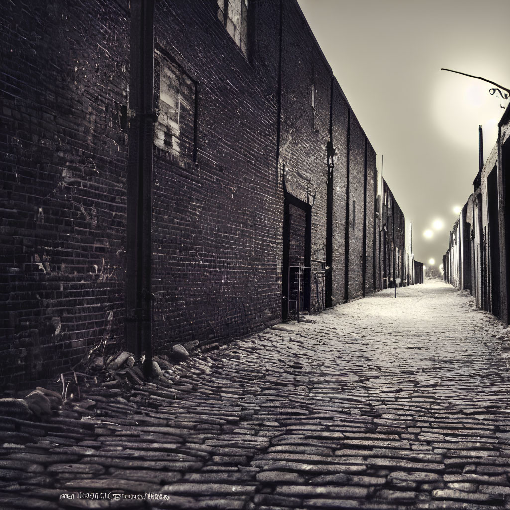 Twilight scene of cobblestone alley with streetlamp