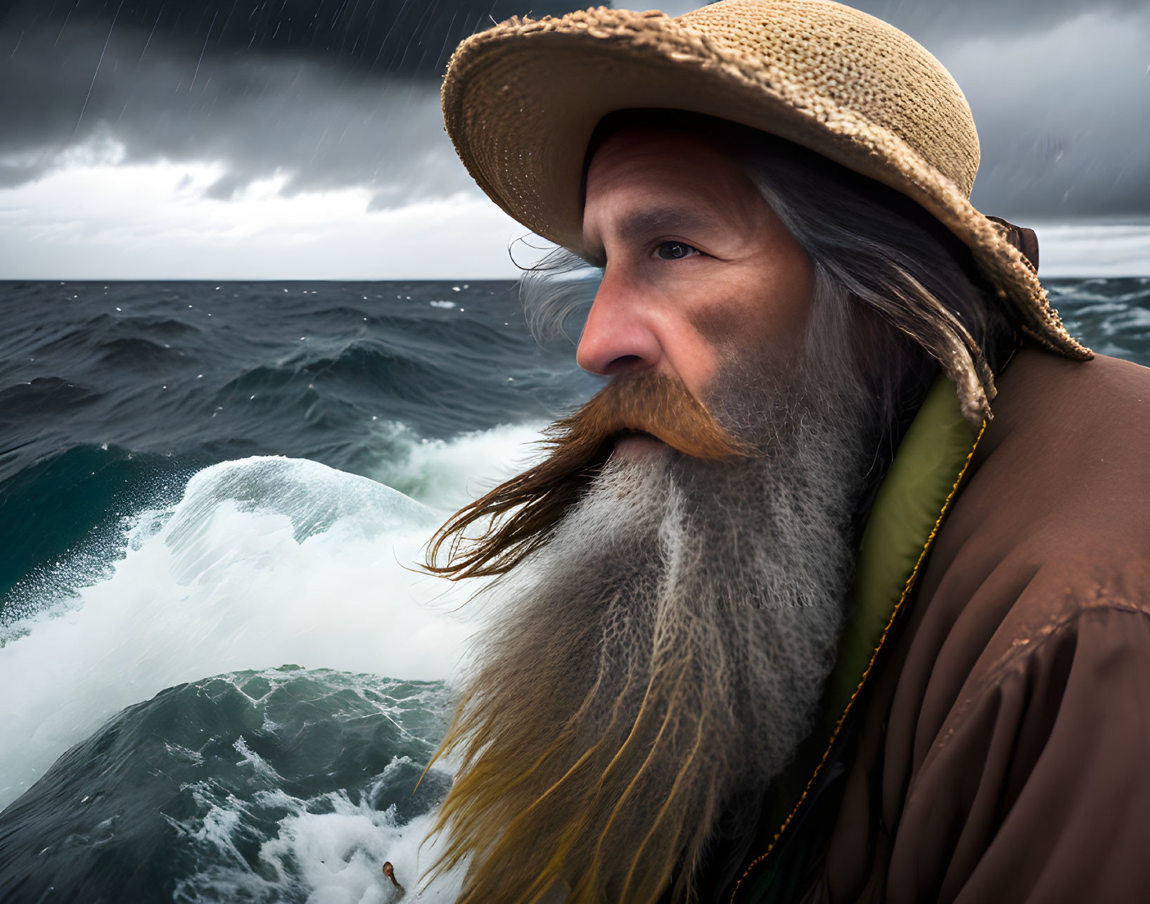 Bearded Man in Hat Contemplating Stormy Sea