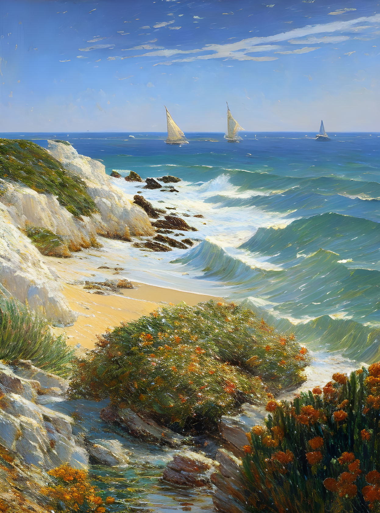 Scenic coastal painting: white cliffs, flowers, sea waves, sailboats