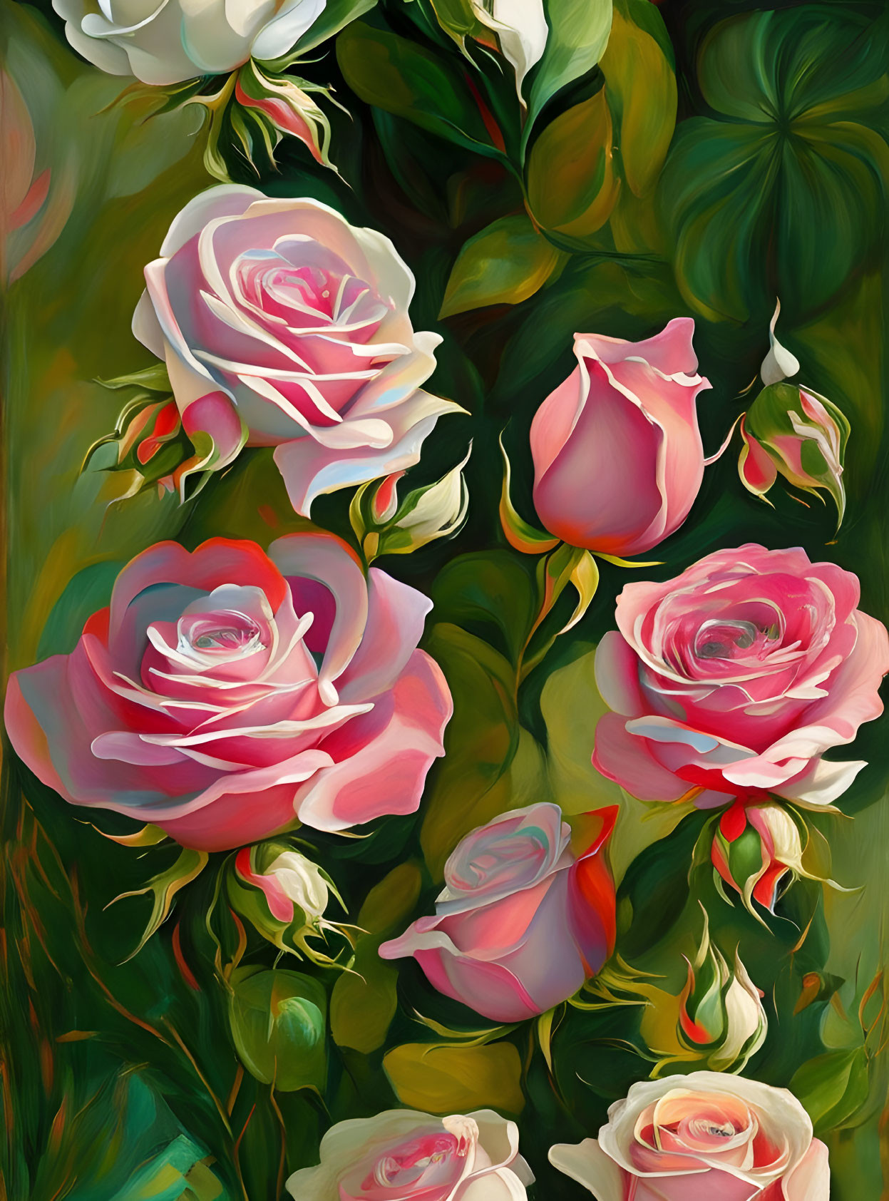 Pink Roses Painting: Lush Green Leaves, Dark Background, Various Bloom Stages