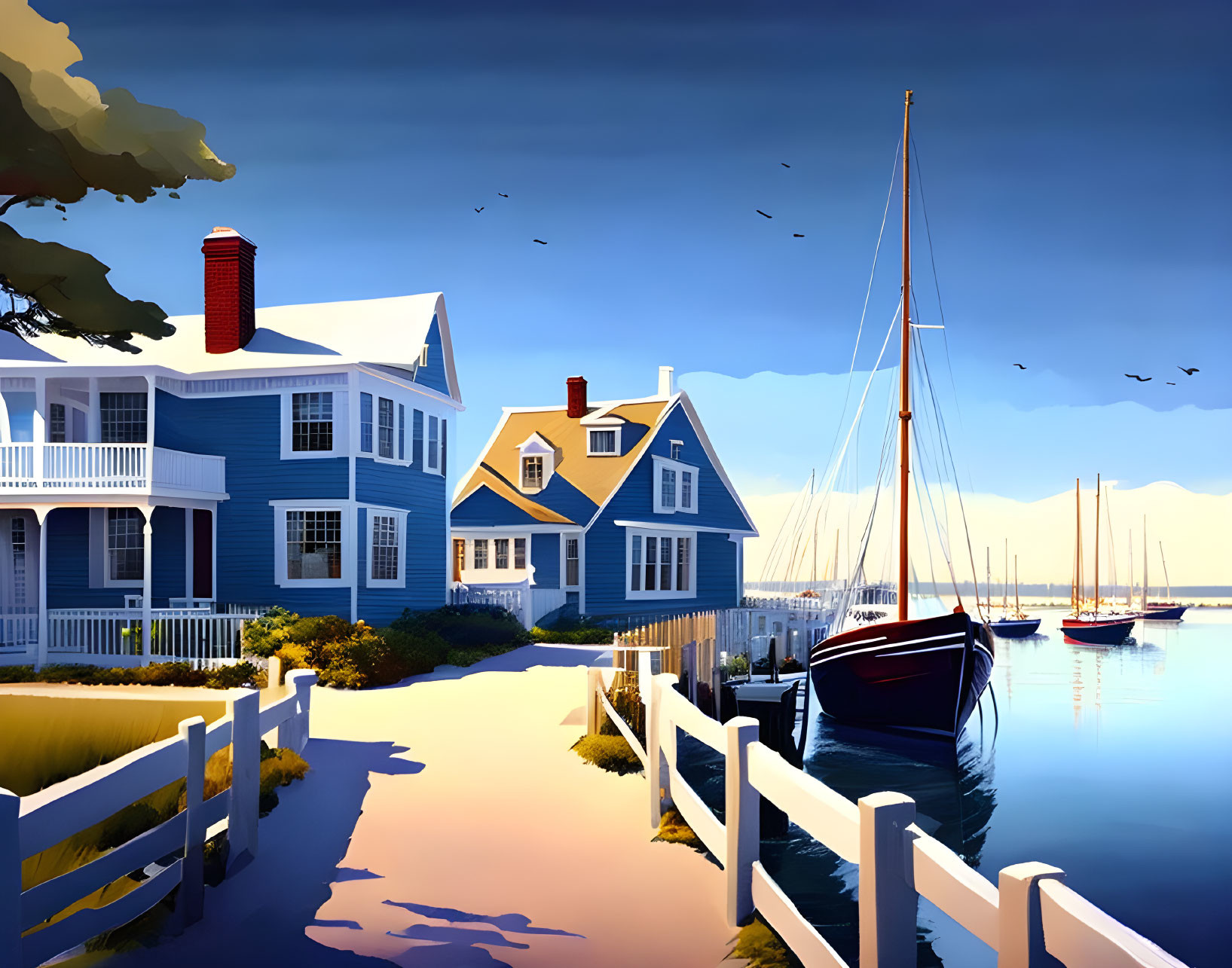 Tranquil coastal landscape with blue sky, traditional house, sailboat, and birds.