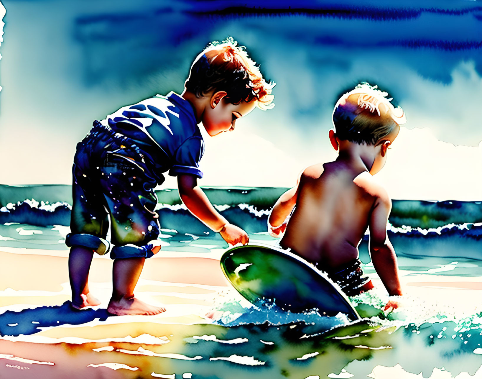 Children playing with a surfboard at the ocean's edge