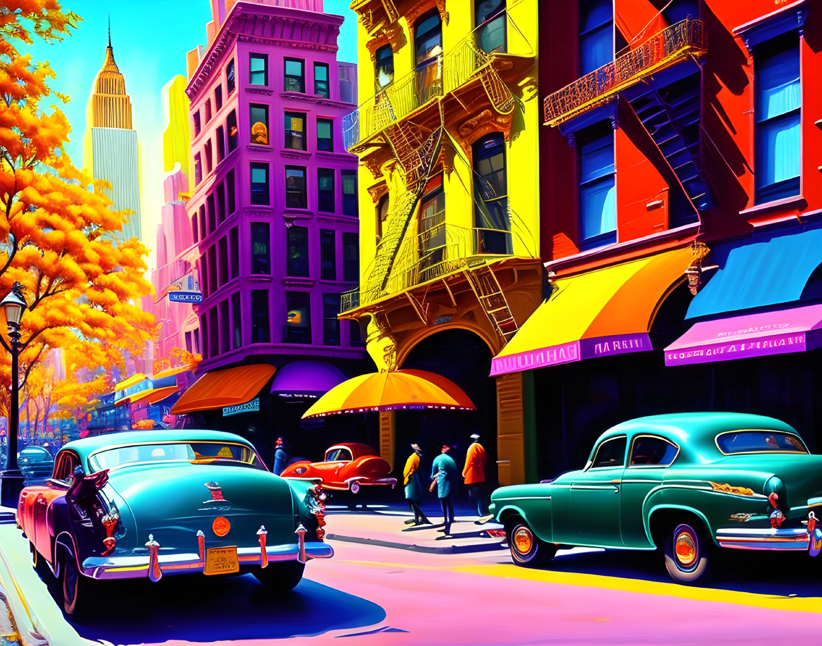 Colorful Vintage Cars and Pedestrians in Autumn Street Scene