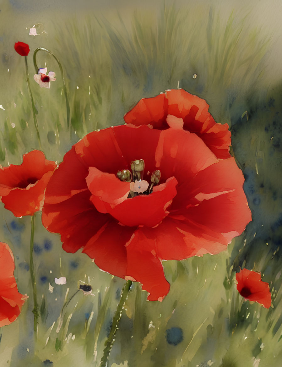 Red Poppy Watercolor Painting in Vibrant Field