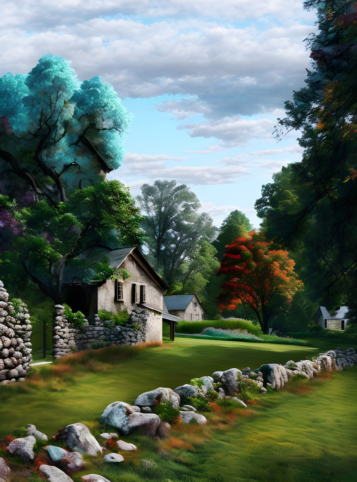 Vibrant countryside scene: stone house, colorful trees, blue sky