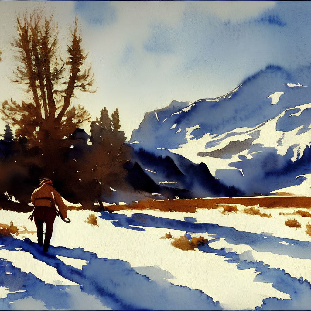 Snowy landscape watercolor painting with lone figure and mountain.