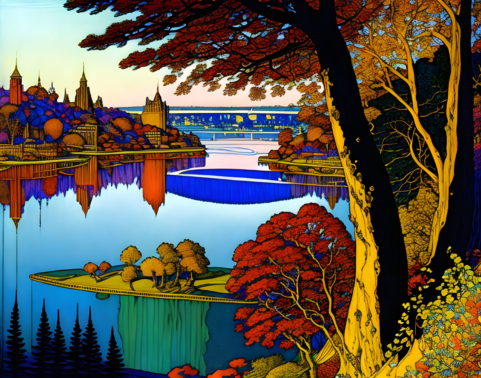 Vibrant autumn colors in stylized landscape with cityscape and bridges