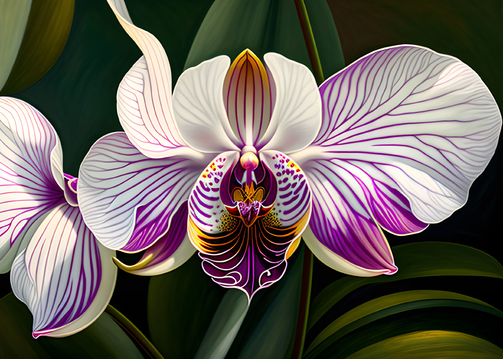 Detailed digital illustration of white and purple orchid on green leaf background