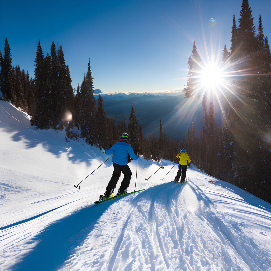 Snowy mountain slope with skiers, pine trees, and bright sun