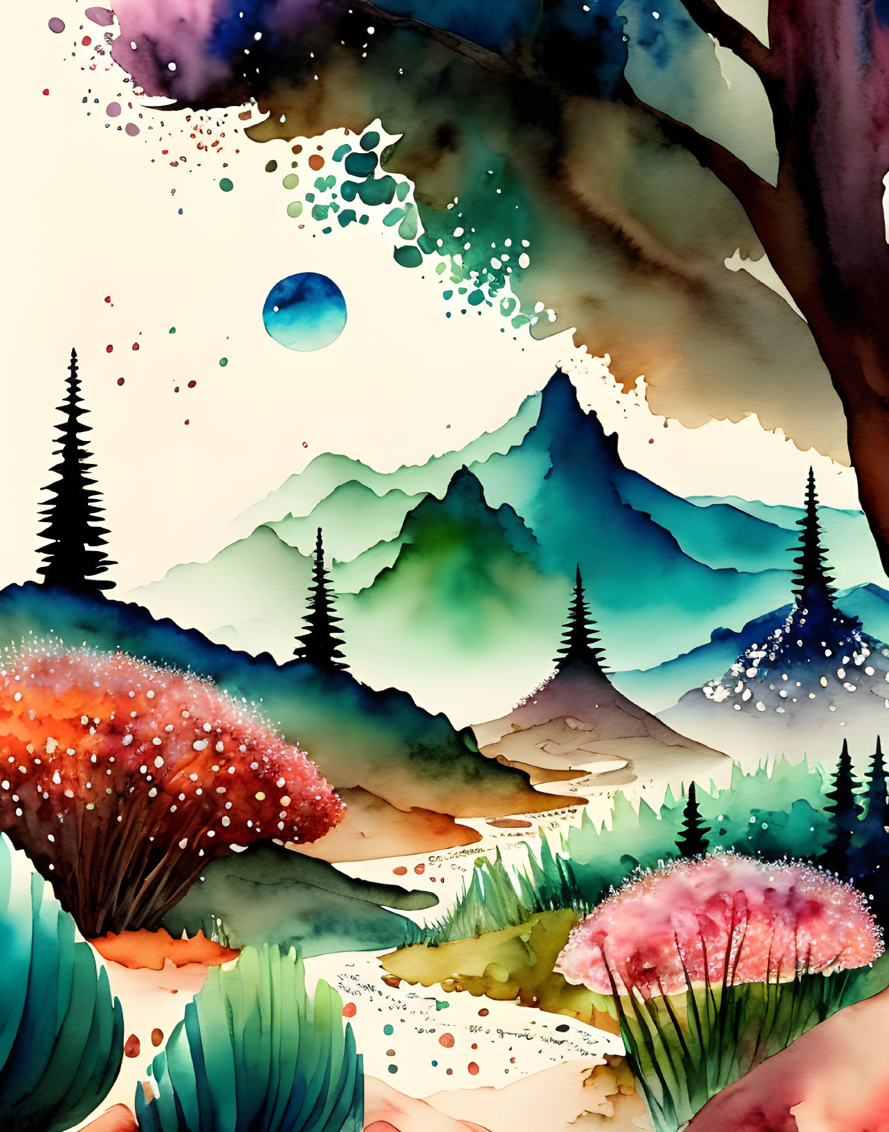 Vibrant Watercolor Painting of Mystical Landscape