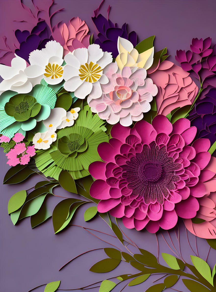 Intricately crafted paper flowers and leaves in shades of purples, pinks, whites