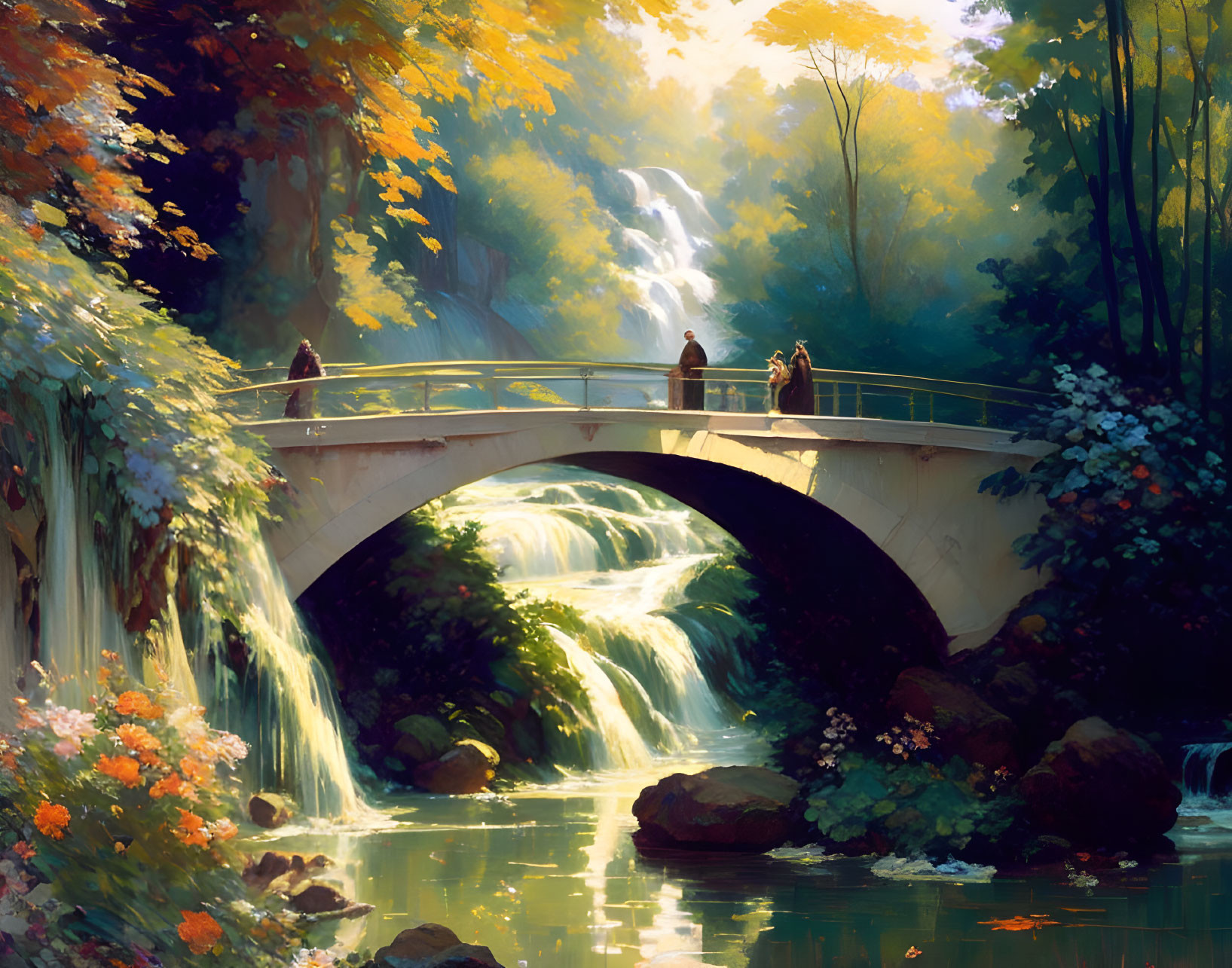 Bridge Over Waterfall in Sunlit Autumn Forest