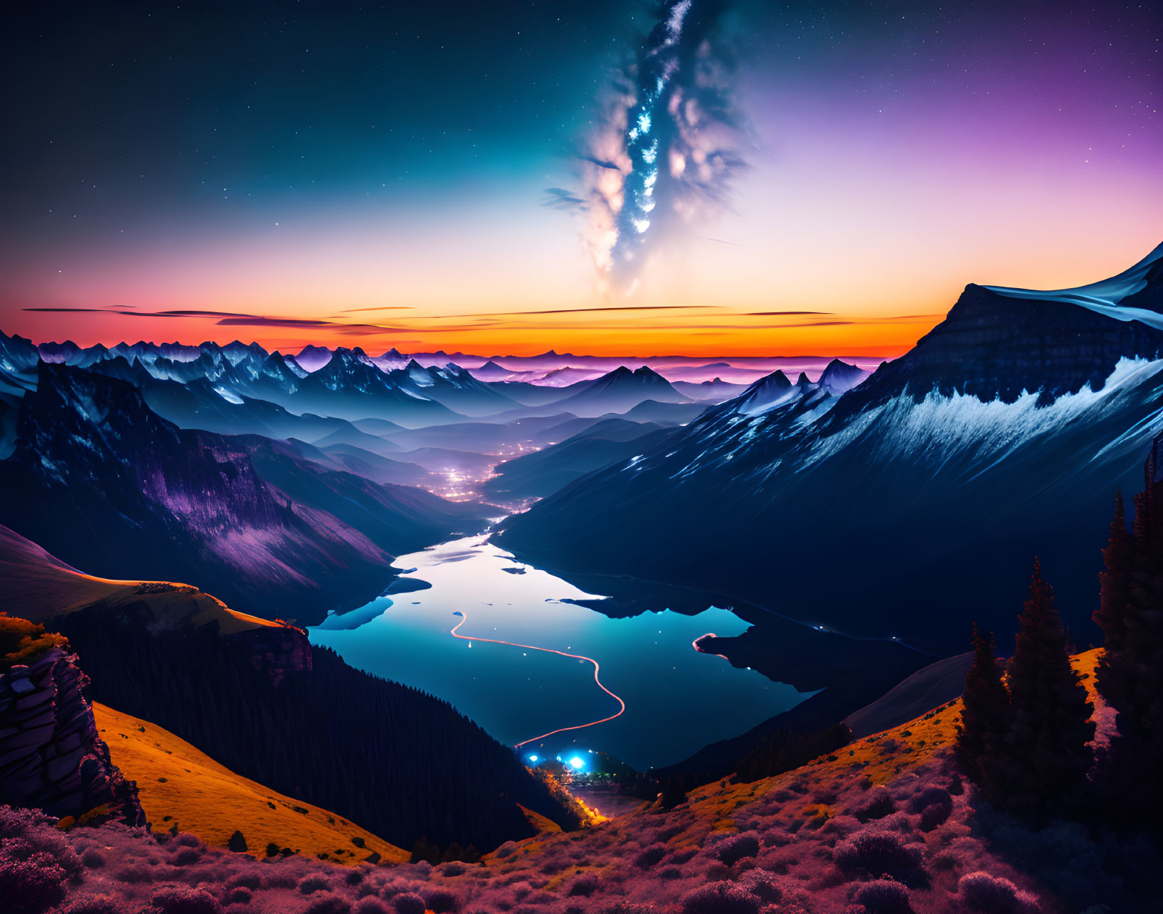 Twilight landscape with aurora over mountains and blue lake