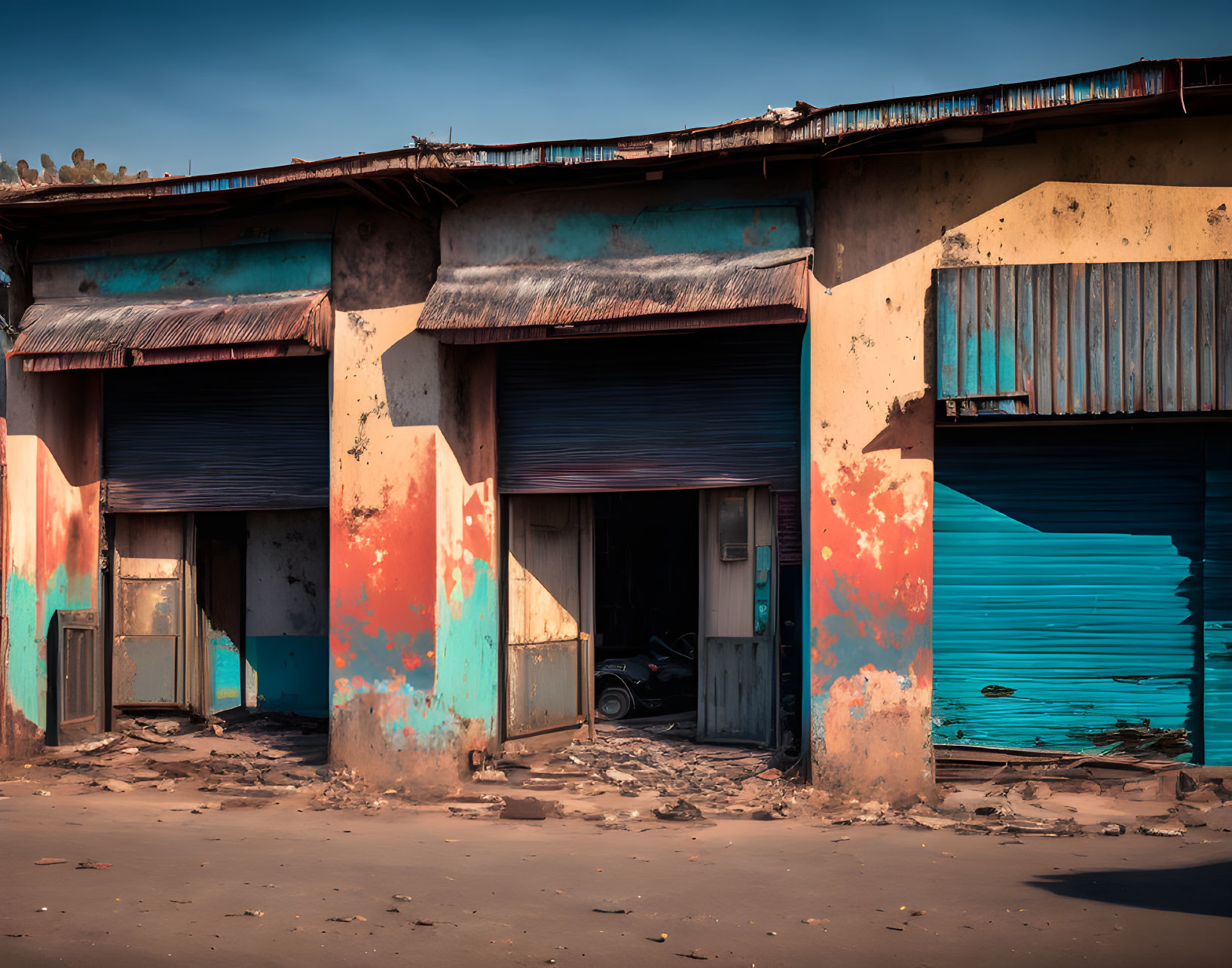 Abandoned shops with peeling paint and closed shutters under clear sky