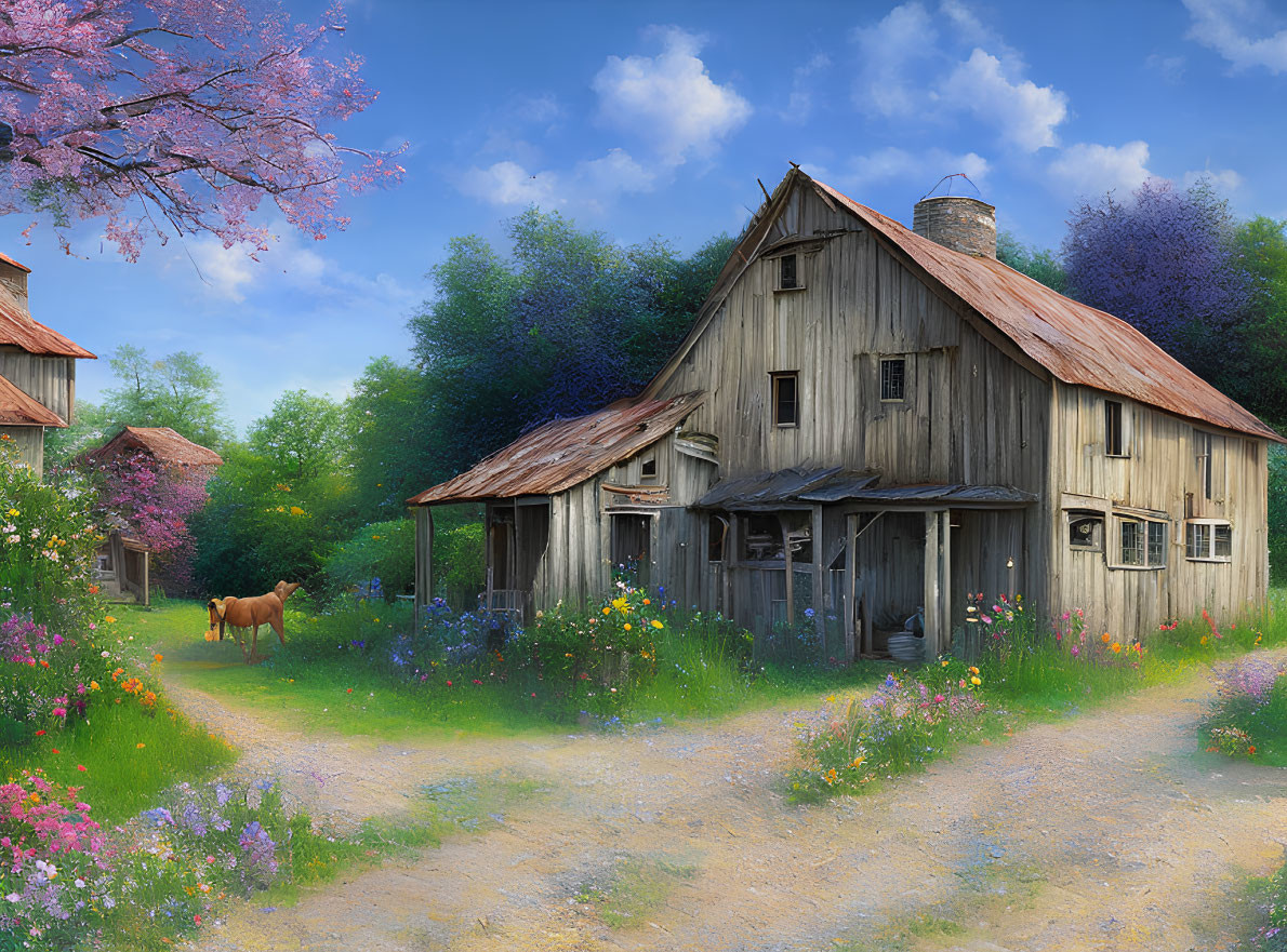 Rustic wooden houses and horse in flower-filled landscape