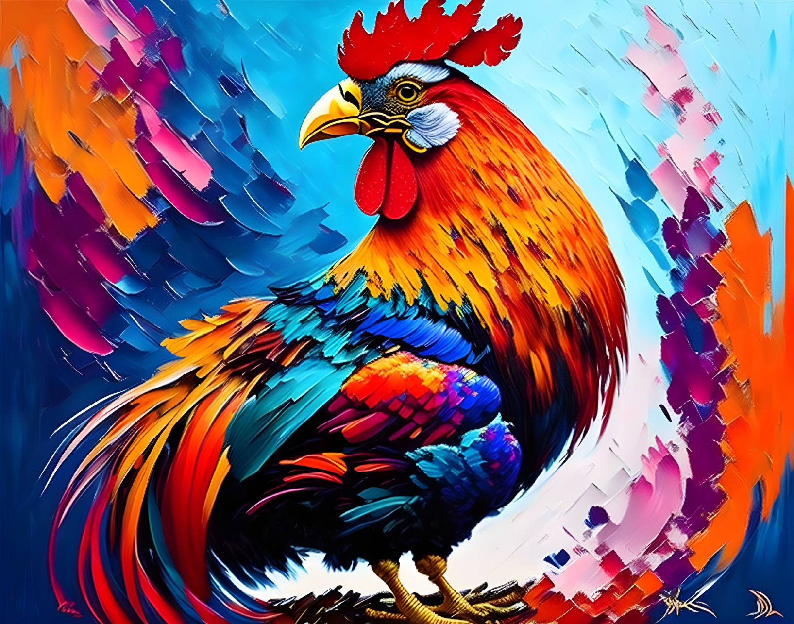 Colorful Rooster Painting with Vibrant Blues, Reds, and Yellows