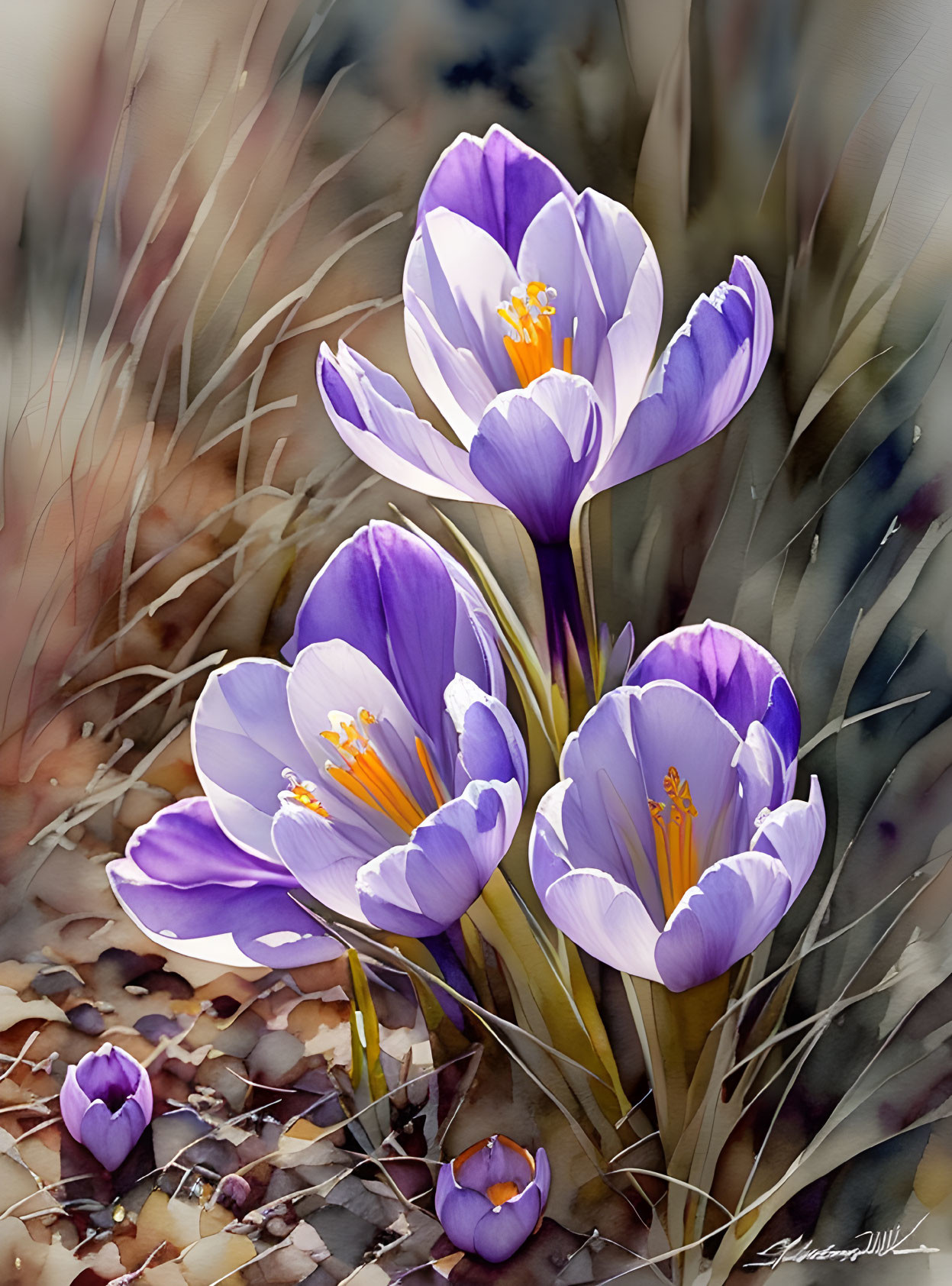 Colorful Watercolor Painting of Purple Crocus Flowers and Yellow Stamens