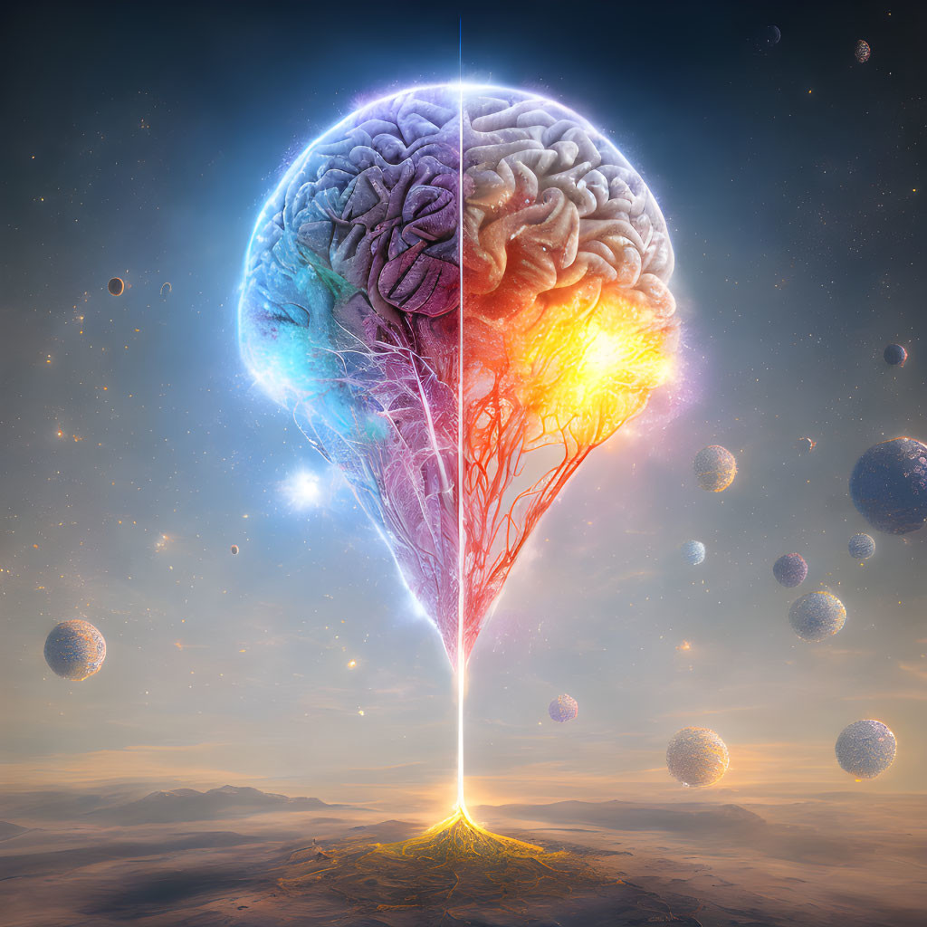 Surreal brain split into cool and warm sides with cosmic backdrop