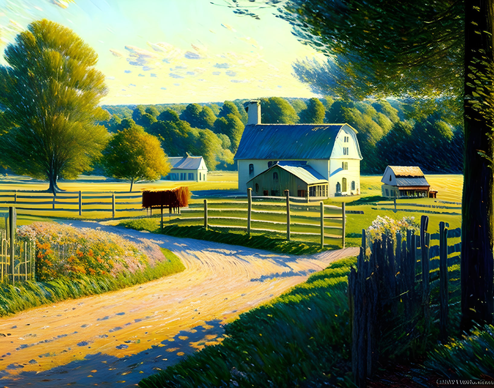 Pastoral scene with white farmhouse, fenced fields, cow, trees