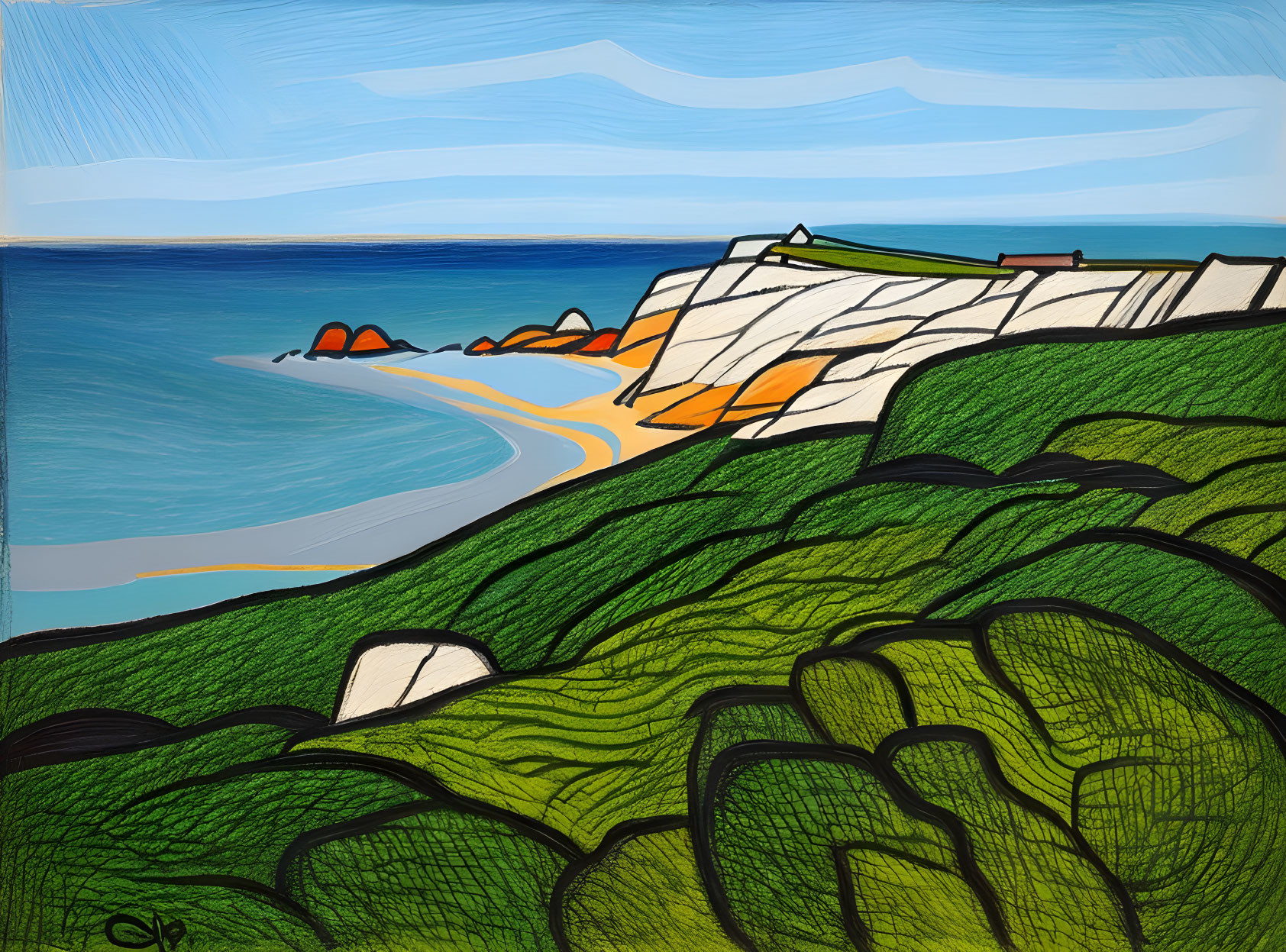 Colorful coastal landscape painting with green hills, sandy beach, and layered cliffs under a blue sky.