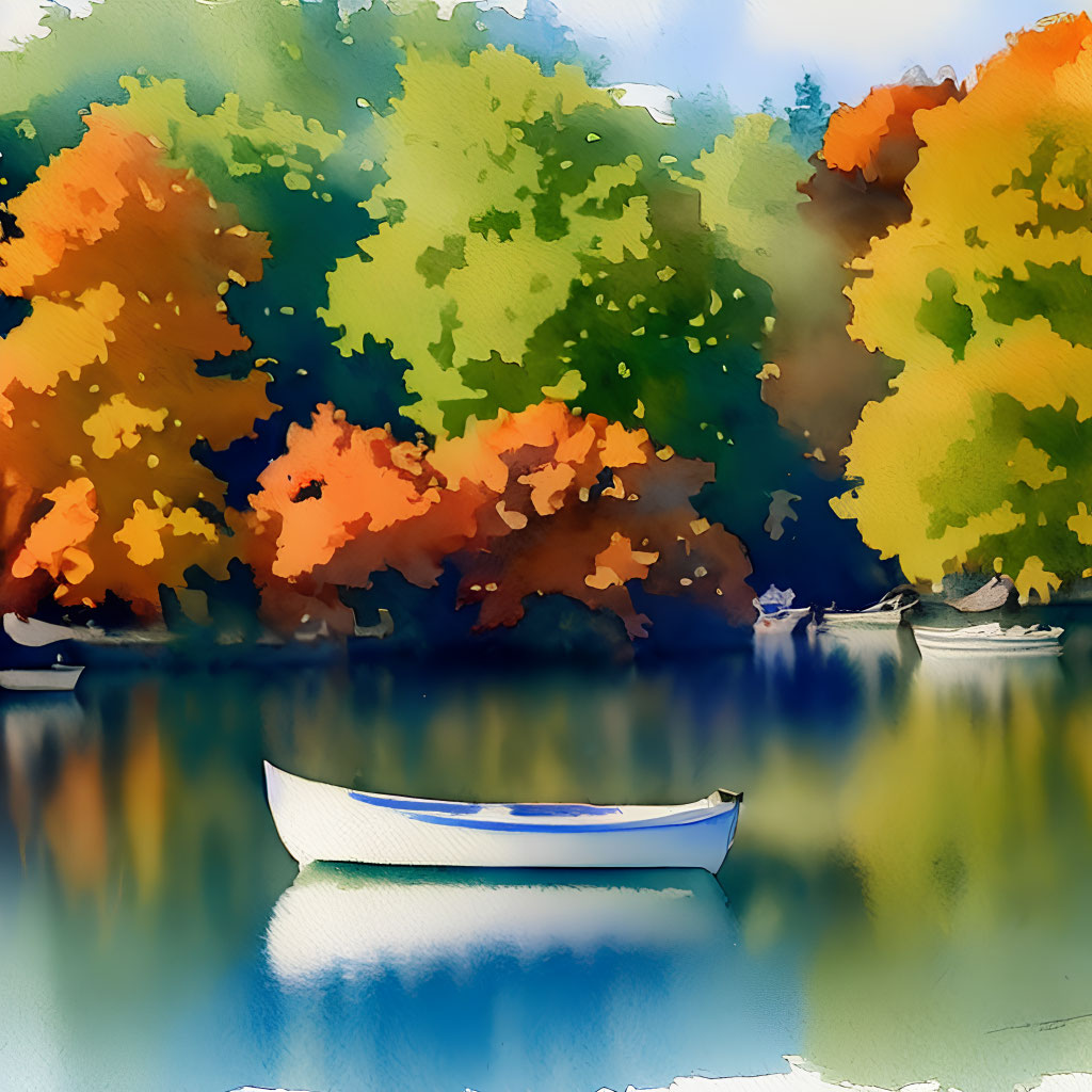 Tranquil lake scene with white boat and autumn trees