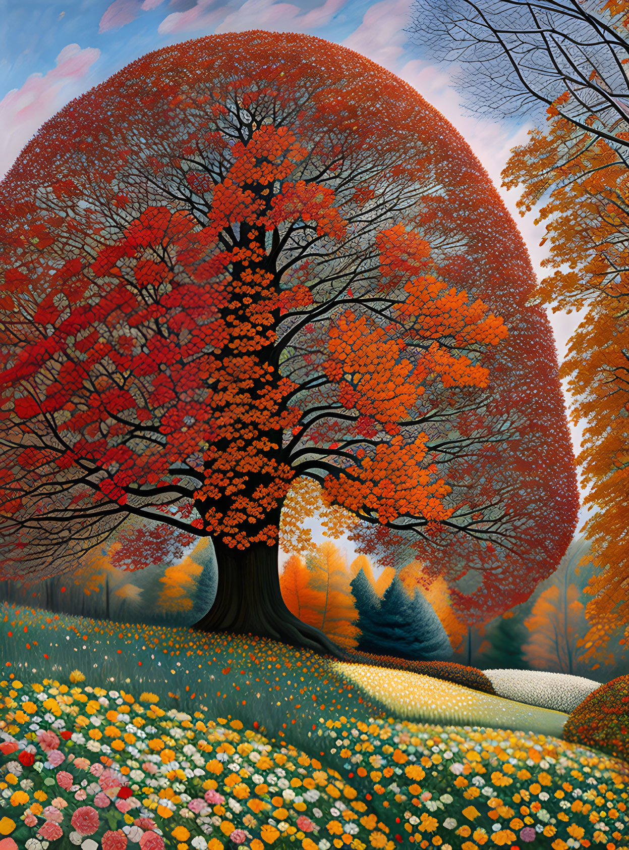 Colorful autumn landscape with large tree and forest backdrop