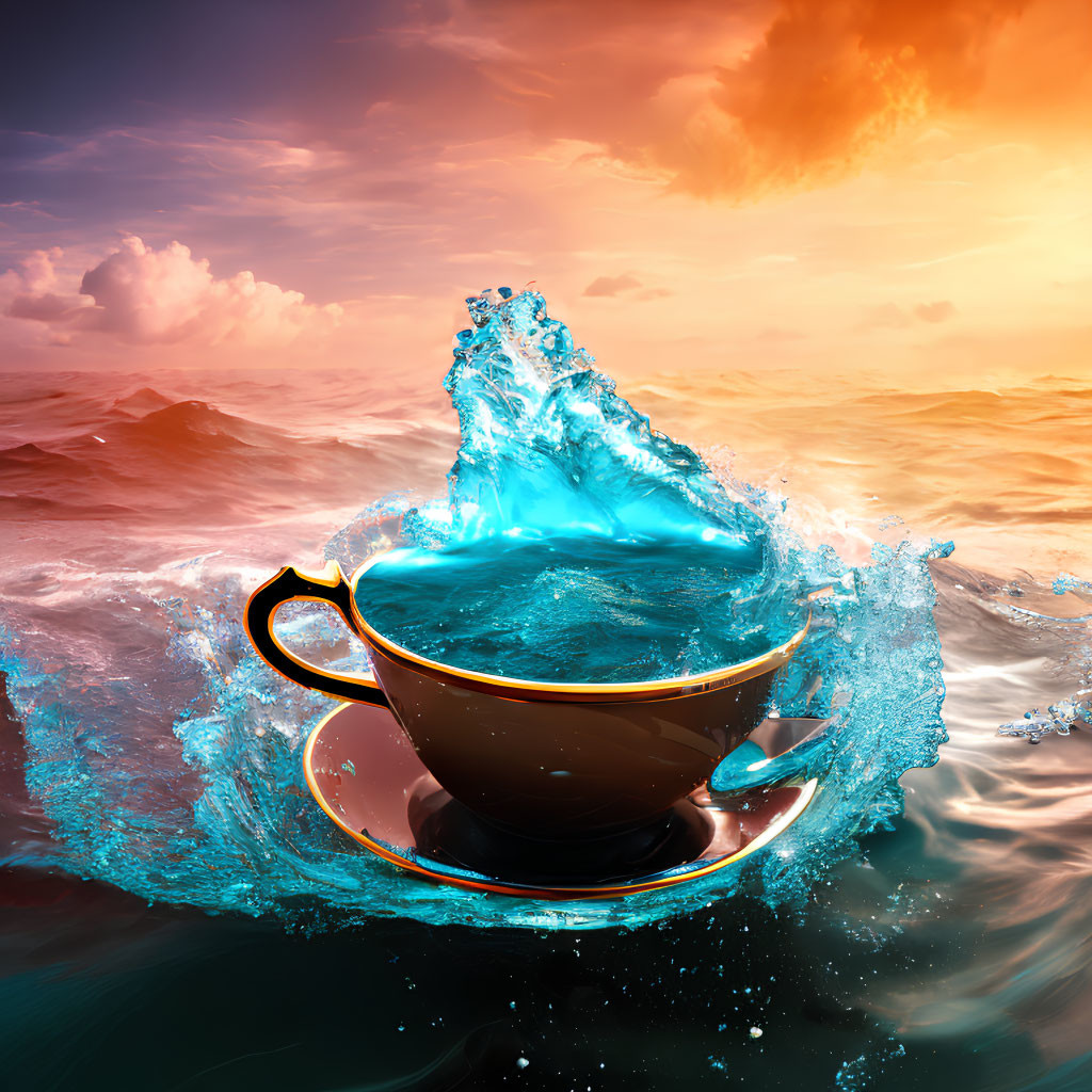 Surreal brown cup and saucer on ocean waters with blue liquid splash at sunset