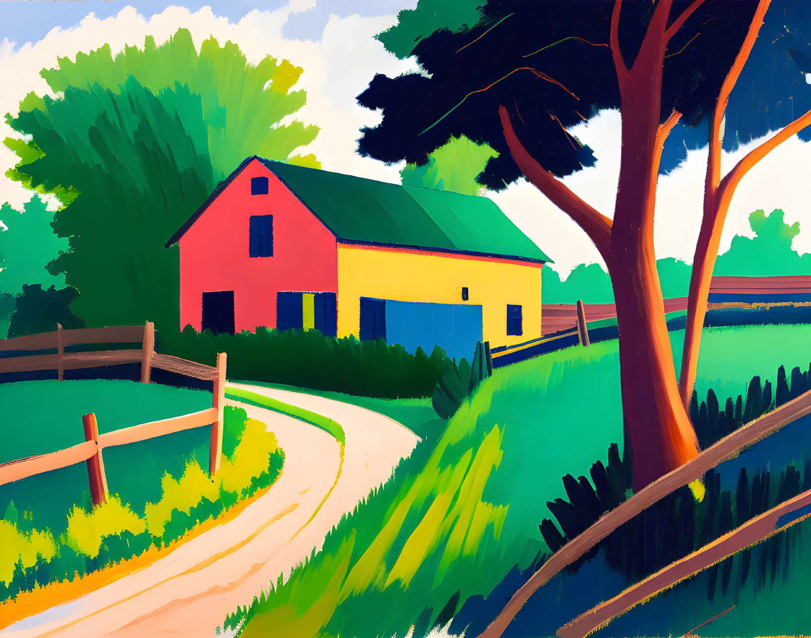 Colorful countryside scene with red barn, green trees, winding path, and blue sky